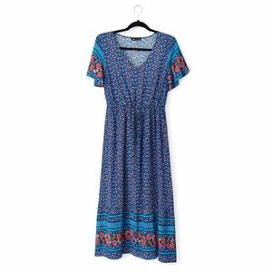 Prettygarden Floral Boho Midi Dress V Neck Short Sleeve M